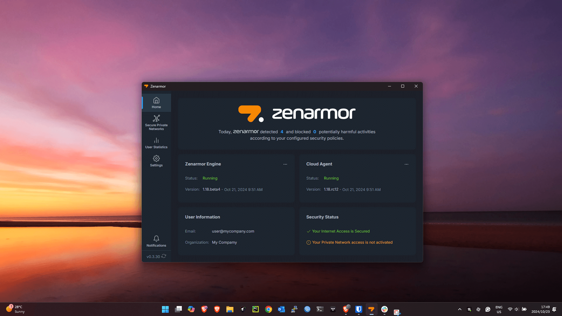Zenarmor Native Windows Application running on Windows 11 Pro.