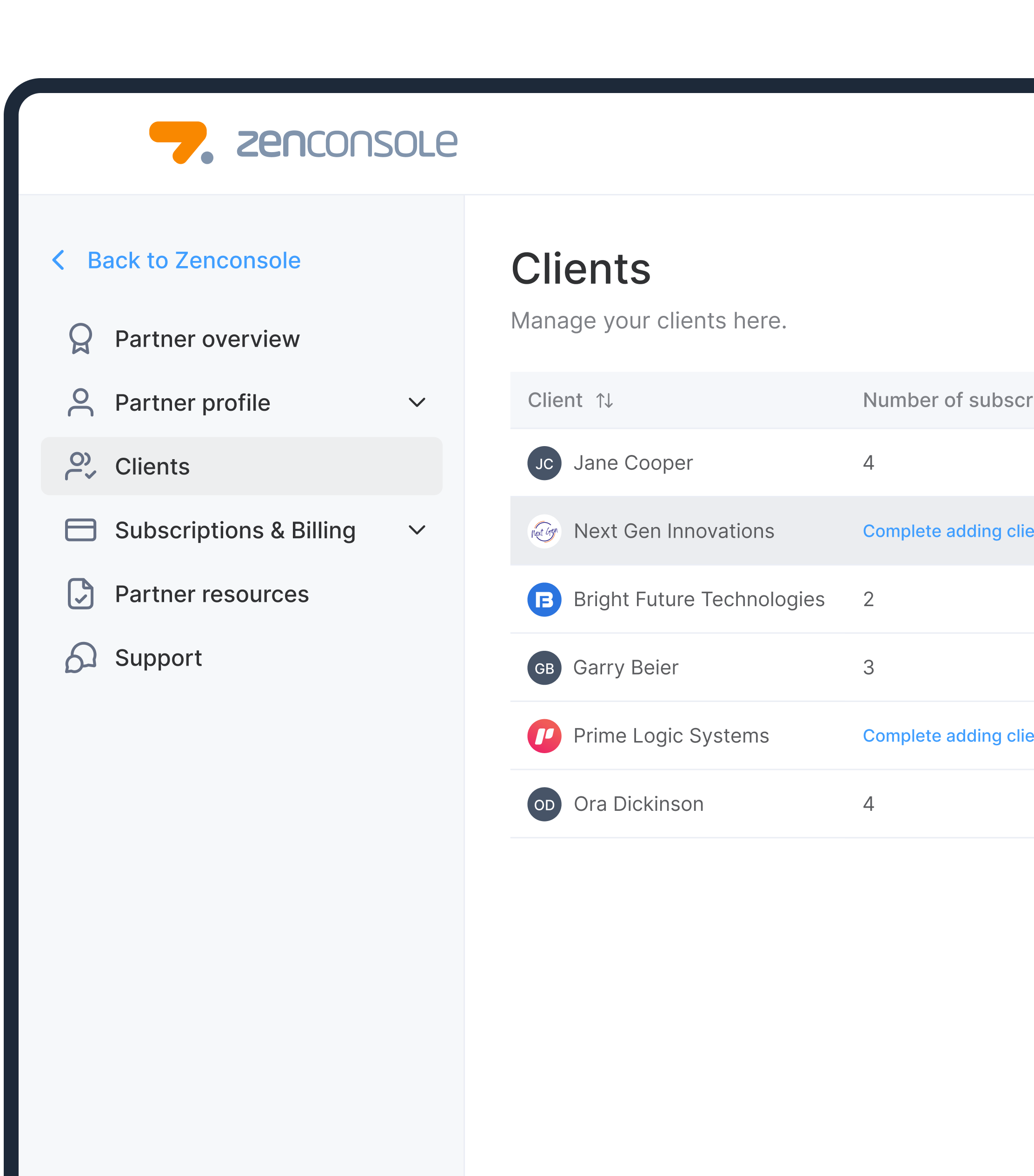 Zenconsole clients dashboard view